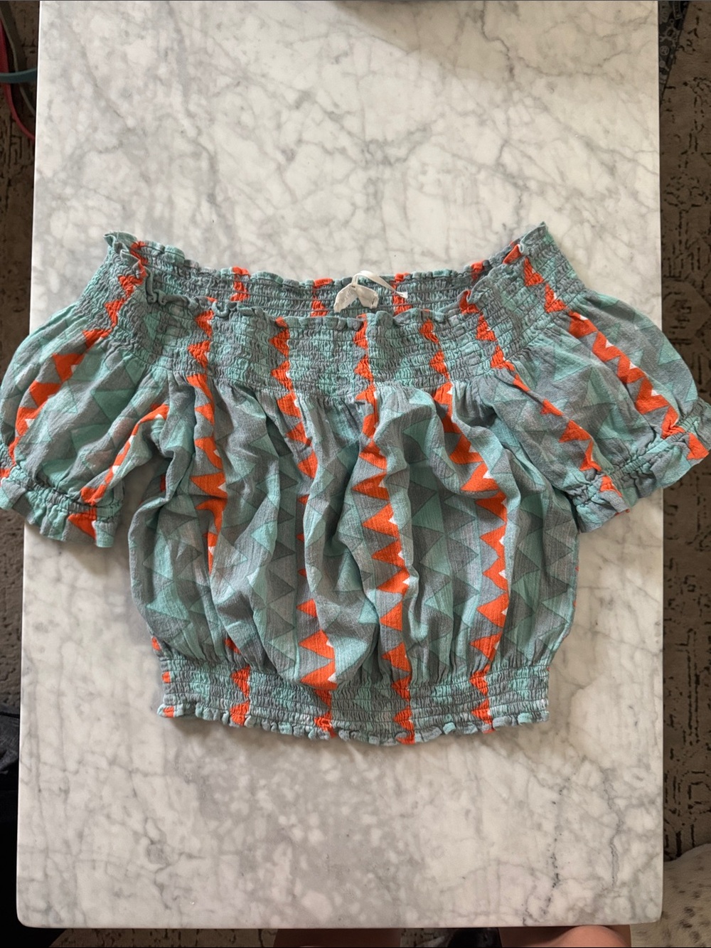 Off-Shoulder Geometric Smocked Crop Top in Aqua and Orange